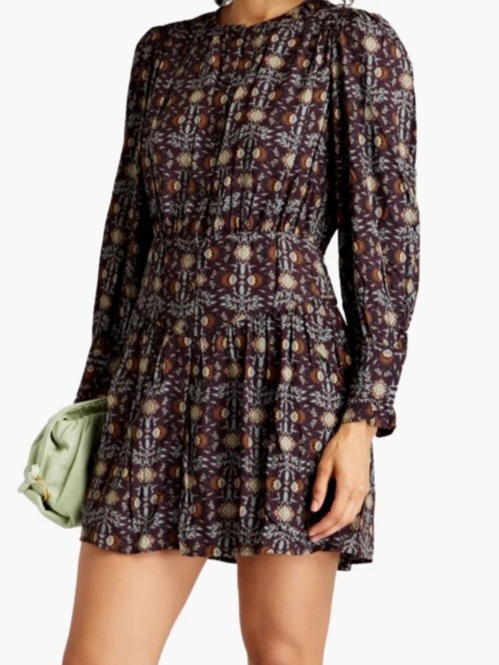 Ba&sh Brown & Multicolor Tracy Puff Sleeve Fit and Flare Dress